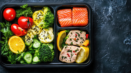 Vibrant meal prep container filled with salmon, colorful vegetables, and fresh citrus fruits, perfect for promoting health and wellness in daily nutrition.の素材