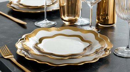 A refined table setting featuring elegant white plates with golden rims, stylish glassware, and sleek cutlery on a modern black surface, perfect for a special dining experience.の素材