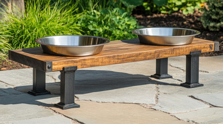 This stylish raised pet feeder features a wooden base with stainless steel bowls, perfect for enhancing your pet's dining experience both indoors and outdoors.の素材