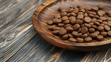 Close-up of brown dietary supplements in a wooden bowl on a rustic wooden table, highlighting natural health and nutrition themes, perfect for wellness marketing and healthy lifestyle content.の素材