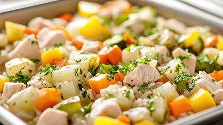 A vibrant chicken and vegetable medley showcasing fresh ingredients, perfect for healthy meal prep or a cozy family dinner, highlighting colorful and appetizing presentation.の素材