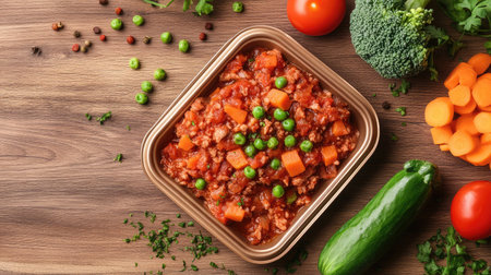 A colorful and nutritious meat and vegetable dish served in a bowl, showcasing fresh ingredients like carrots, peas, and tomatoes, perfect for healthy meal options.の素材