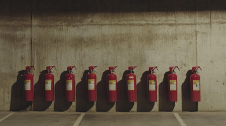 A striking arrangement of red fire extinguishers lined against a gray concrete wall in a dimly lit parking garage, emphasizing safety and emergency preparedness in a modern setting.の素材