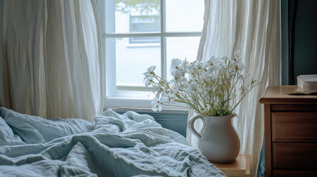 A peaceful bedroom scene featuring soft blue bedding and a rustic vase with white flowers by the window, creating a serene and inviting atmosphere filled with natural light.の素材