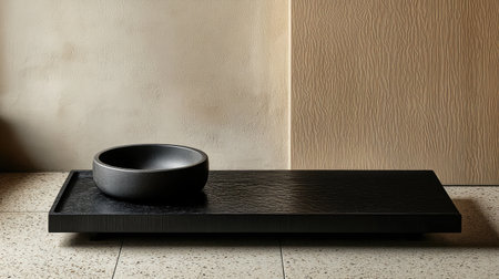 A striking black stone bowl rests elegantly on a minimalist wooden platform, set against a soft textured wall, creating a harmonious and contemporary interior scene.の素材