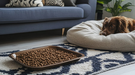 A serene living room featuring a relaxed dog lying next to a tray of kibble, showcasing a cozy pet-friendly atmosphere with stylish decor and comfort.の素材