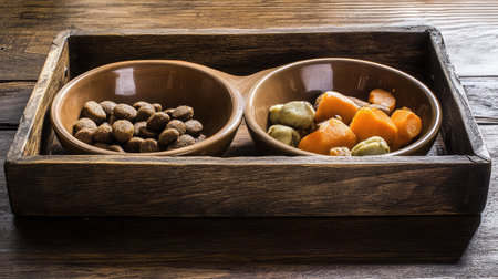 This image features a rustic wooden tray with two bowls filled with nutritious pet food and treats, ideal for promoting healthy eating habits for dogs and cats.の素材