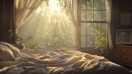 A peaceful bedroom bathed in warm morning light filtering through sheer curtains, creating a tranquil atmosphere with hints of nature visible outside the window.の素材