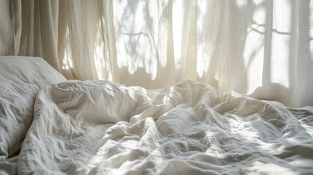 A serene bedroom scene showcasing soft, natural light streaming through sheer curtains, illuminating crumpled linen sheets for a cozy and inviting morning ambiance.の素材