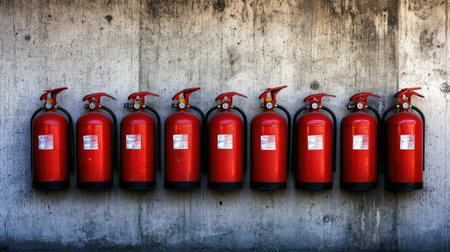 A neat row of red fire extinguishers mounted on a concrete wall, showcasing essential safety equipment for fire emergencies in an industrial environment.の素材