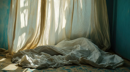 A tranquil scene featuring soft drapery and gentle sunlight filtering through, creating a serene ambiance ideal for relaxation and home styling ideas.の素材