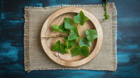 A serene display of fresh green ivy leaves arranged on a wooden plate, set against a textured natural fabric background, perfect for nature and culinary themes.の素材