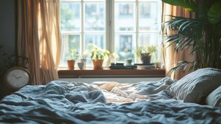 A cozy bedroom scene with soft bed linens and potted plants near a bright window. Natural light creates a warm and inviting atmosphere perfect for relaxation and comfort.の素材