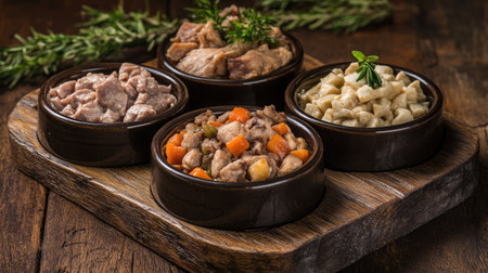 A rustic arrangement of gourmet meat dishes served in wooden bowls, ideal for a cozy dining experience. Perfect for showcasing hearty meals with fresh herbs.の素材