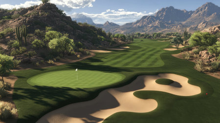 Captivating image of a golf course featuring perfectly manicured greens, soft sand bunkers, and breathtaking mountains, offering a tranquil escape for golf enthusiasts.の素材