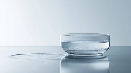 A minimalist glass bowl filled with water beautifully reflects light on a smooth surface, creating a serene and elegant atmosphere ideal for modern interiors.の素材