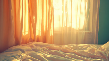 A cozy bedroom scene featuring soft morning light filtering through sheer curtains, casting a warm glow over a neatly made bed, evoking feelings of relaxation and tranquility.の素材