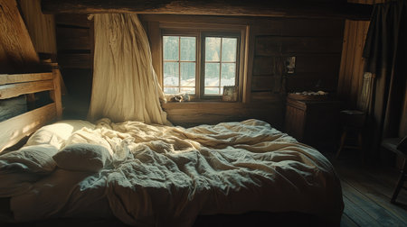 A warm and inviting cabin bedroom filled with soft light, featuring a disheveled bed, wooden walls, and a peaceful window view, perfect for a cozy retreat.の素材
