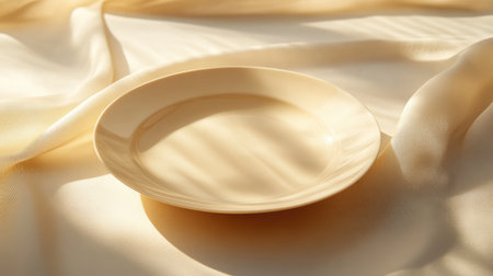 This image features an empty plate on soft cream fabric, highlighted by gentle light reflections, perfect for culinary artistry and minimalist decor. Ideal for various design projects.の素材