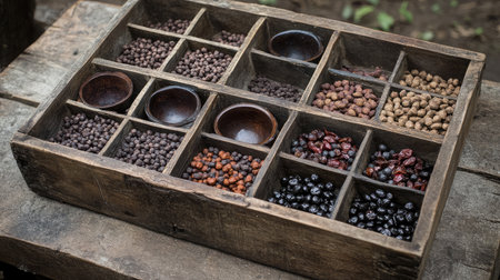 This image showcases a rustic wooden box filled with an assortment of seeds and berries, highlighting natural textures and colors, ideal for food and nature enthusiasts.の素材