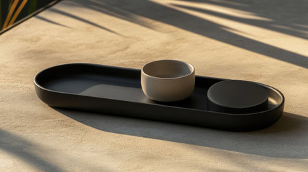 A beautifully composed minimalist setting featuring a black tray with a bowl and circular plate, ideal for showcasing modern aesthetics in home decor.の素材