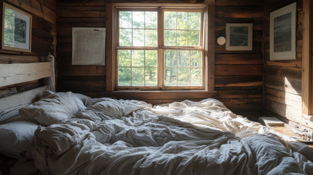 A serene rustic bedroom bathed in natural light, showcasing an unmade bed with soft linens against beautifully crafted wooden walls, perfect for a tranquil retreat ambiance.の素材