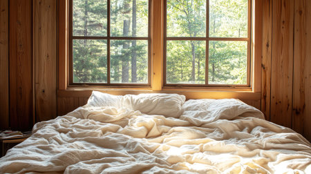 A warm and inviting rustic bedroom featuring soft white bedding and large windows, inviting natural light and views of trees, creating a tranquil retreat atmosphere.の素材