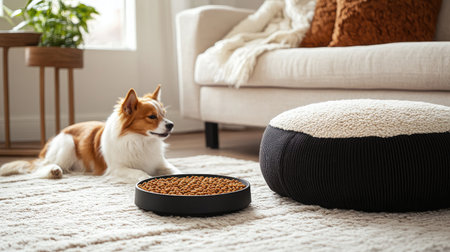 A serene living room with a happy dog lounging beside a stylish pet bed and a bowl filled with dog food, illuminated by soft natural light, creating a cozy atmosphere.の素材