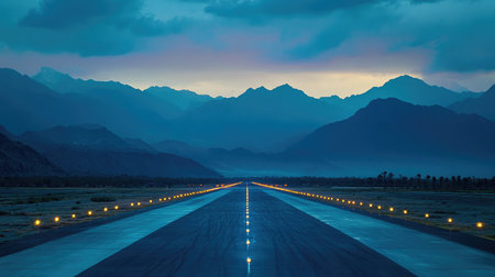 Majestic views of an empty runway set against stunning mountains at dusk, showcasing serene atmospheres enhanced by soft lighting and captivating cloud formations.の素材