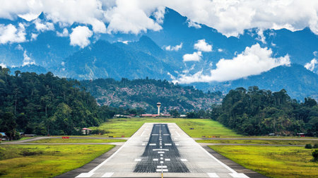 This image showcases a striking airport runway framed by majestic mountains and lush greenery, capturing the beauty of nature alongside human engineering and remote travel.の素材