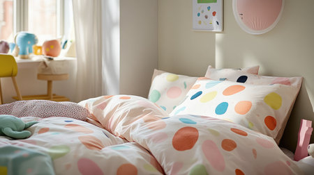 This lively children's bedroom features vibrant polka dot bedding, soft cushions, and a cozy atmosphere, perfect for creating a warm and inviting space for relaxation.の素材