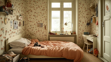 A charming bedroom featuring floral wallpaper and soft bedding. This inviting space is filled with natural light, creating a cozy atmosphere ideal for relaxation and comfort.の素材