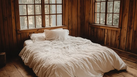 A cozy cabin bedroom showcasing a comfortable bed with soft bedding, wooden walls, and bright natural light filtering through large windows, inviting relaxation and tranquility.の素材