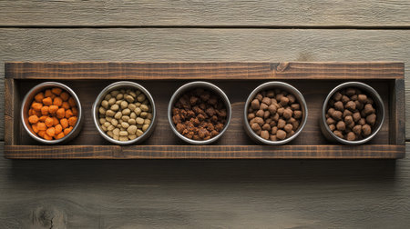 This image features a rustic wooden tray elegantly displaying various pet food types in round metal bowls, emphasizing diverse, nutritious options for animal diets on a textured wooden backdrop.の素材