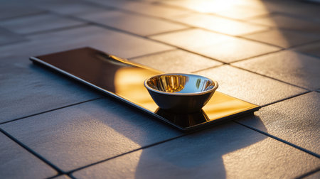 A striking arrangement featuring a shiny bowl resting on a glossy black tray, illuminated by warm sunset light, emphasizing the beauty of minimalist design and elegant aesthetics.の素材