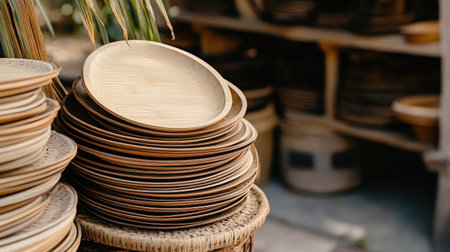 Stacked bamboo plates showcase a warm and organic aesthetic, perfect for sustainable dining experiences and enhancing any rustic kitchen decor environment.の素材