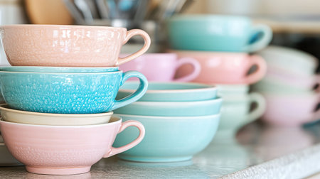 A charming arrangement of colorful ceramic bowls in pastel hues, creating a lovely display on a kitchen countertop, ideal for home decor and dining themes.の素材