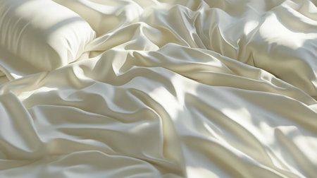 This image showcases a soft satin fabric with gentle waves and creases in a luxurious ivory hue, perfect for elegant bedding and sophisticated interior decor projects.の素材
