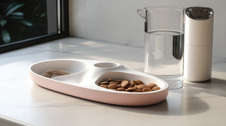 A stylish minimalist serving tray featuring nuts and a glass of water, set against a marble surface, ideal for modern kitchen decor and elegant entertaining options.の素材