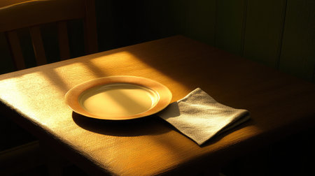A serene dining setting featuring an empty plate and a cloth napkin on a wooden table, beautifully illuminated by soft morning light, evoking warmth and simplicity.の素材