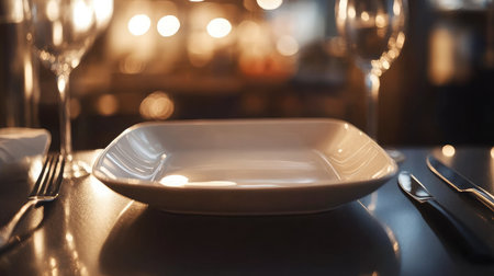 An elegant empty plate awaits a gourmet meal at a beautifully set table, enhanced by soft bokeh lights creating a warm, inviting dining atmosphere. Ideal for culinary themes.の素材