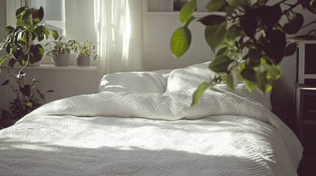 A serene bedroom featuring soft white bedding surrounded by lush green plants, illuminated by natural sunlight, creating a peaceful retreat for relaxation and comfort.の素材