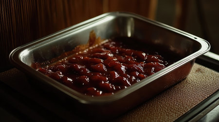 A close-up view of a delicious strawberry compote in a silver dish, showcasing its rich red color, perfect for dessert or baking. Ideal for culinary inspirations and food photography.の素材