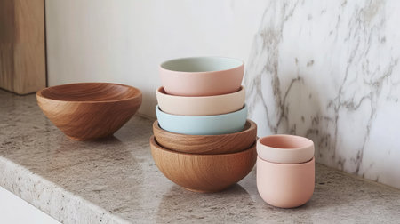 A serene display of stylish bowls in various pastel colors and wood finishes, showcasing modern design on a granite countertop, perfect for kitchen decor and dining aesthetics.の素材