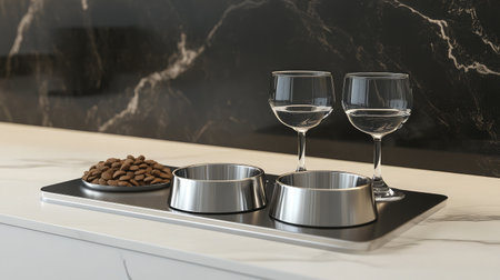 This stylish pet dining setup features stainless steel bowls and gourmet food, complemented by elegant glassware, showcasing luxury in a modern kitchen.の素材