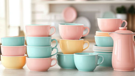 A delightful arrangement of colorful ceramic cups and a teapot in pastel shades, showcasing style and elegance in a bright kitchen setting. Ideal for entertaining or morning routines.の素材