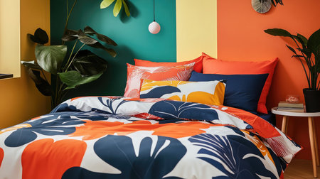 A stylish bedroom featuring tropical print bedding and vibrant wall colors, creating a refreshing and inviting atmosphere perfect for relaxation and comfort.の素材