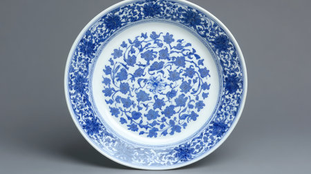Discover the beauty of this blue and white decorative plate, featuring intricate floral designs that enhance home decor and table settings with a touch of elegance.の素材
