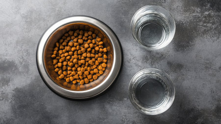 This image showcases a pet food bowl filled with dry kibble and two clear glasses of water. Perfect for promoting pet meal preparation and animal care.の素材