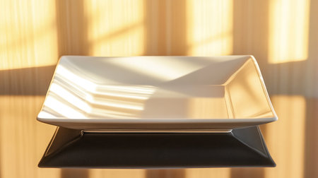 Elegant minimalist plate resting on a stylish black stand, highlighted by soft sunlight that casts warm shadows, perfect for modern interior design and table presentation.の素材